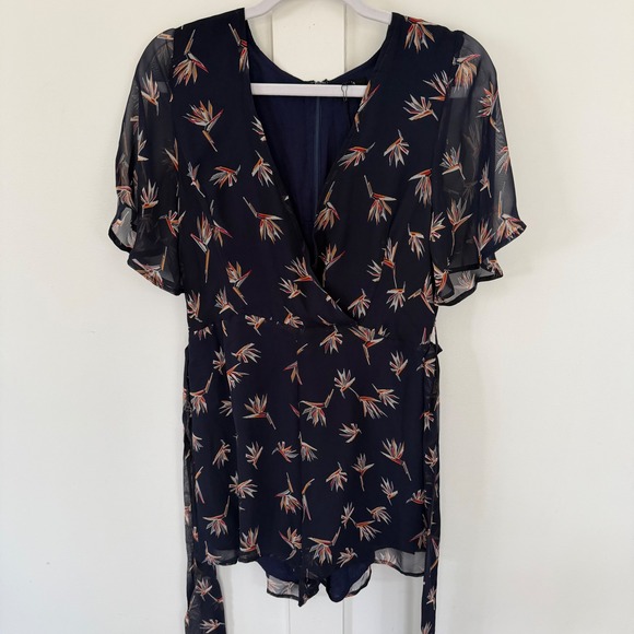 NEW Luca Couture Navy Blue Short Sleeve Romper Tropical Sheer Overlay Small NWT - Picture 5 of 13